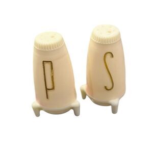 Vintage Mid Century Atomic Salt & Pepper Shakers Pink Gold Tripod